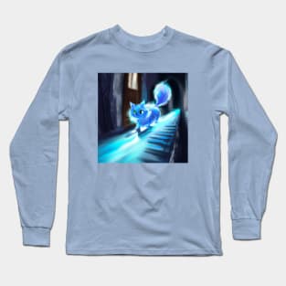 Fluffy Blue Cat Imagines this Long Hallway is a Piano Long Sleeve T-Shirt